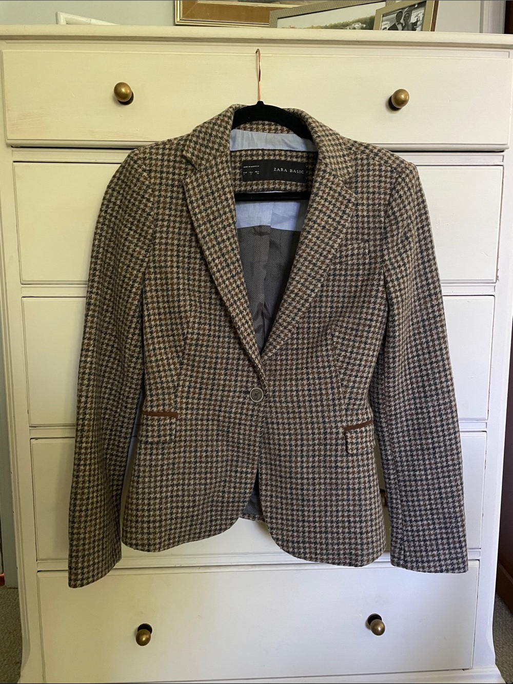 Zara Brown and Black Houndstooth Tweed Blazer